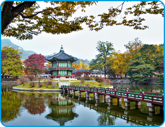 Scenic view of traditional Korean pavilion and pond