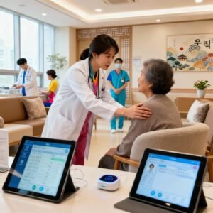 A female doctor at south korea's advanced clinic consulting an elderly lady