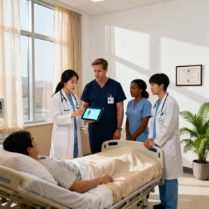 Hospital staff consulting with young patient in a clinic