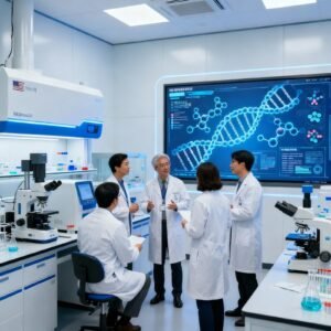 Scientists in lab with medical equipment