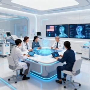 Clinicians and staff around a high-tech diagnostic table